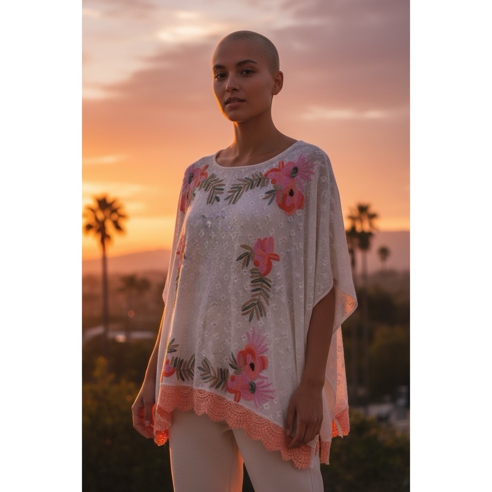 Anthropologie Akemi + Kin Embroidered Floral Poncho Top Ivory Lace Mesh Small